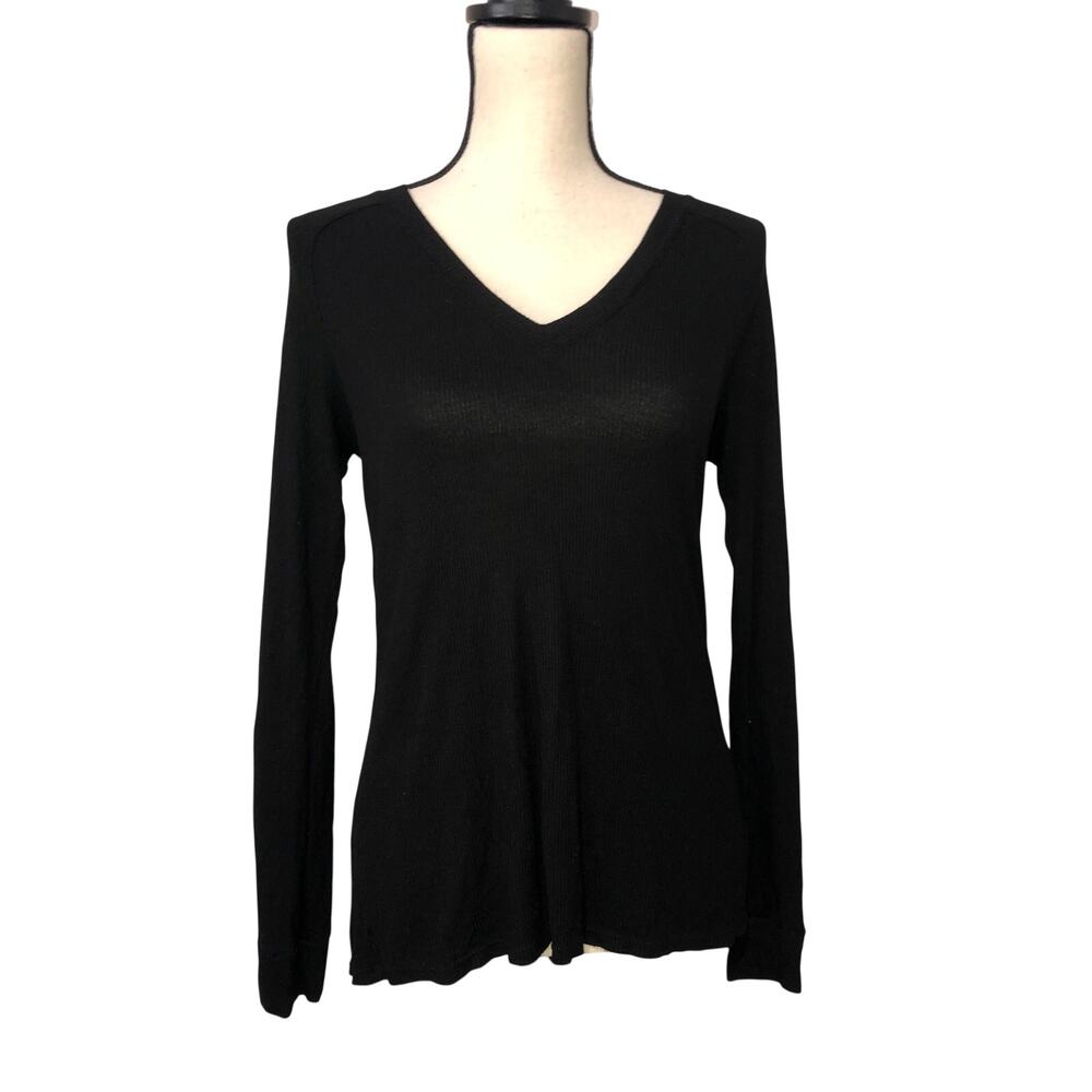 Enza Costa Black Ribbed V-Neck Long Sleeve Top Size M Minimalist Elevated Layers
